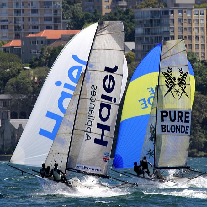 Tight racing down the first spinnaker run - 3-Buoys Challenge Series 2013 © Frank Quealey /Australian 18 Footers League http://www.18footers.com.au